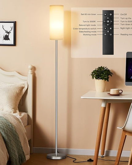 Ambimall Floor Lamps for Living Room, Modern Silver Floor Lamp with Remote Control and Stepless Dimmable Colors Temperature & Brightness (9W Bulb Included, Grey Lampshade) - LeafyLoom