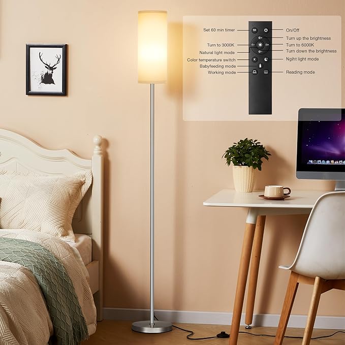Ambimall Floor Lamps for Living Room, Modern Silver Floor Lamp with Remote Control and Stepless Dimmable Colors Temperature & Brightness (9W Bulb Included, Grey Lampshade) - LeafyLoom