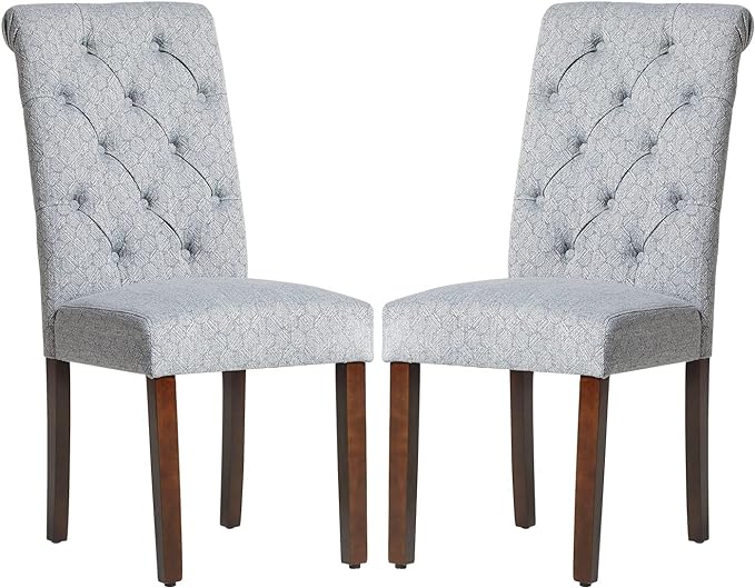 COLAMY Button Tufted Dining Chairs Set of 2, Parsons Upholstered Fabric Dining Room Chairs Kitchen Chairs with Wood Legs and Padded Seat, Blue Bubble - LeafyLoom