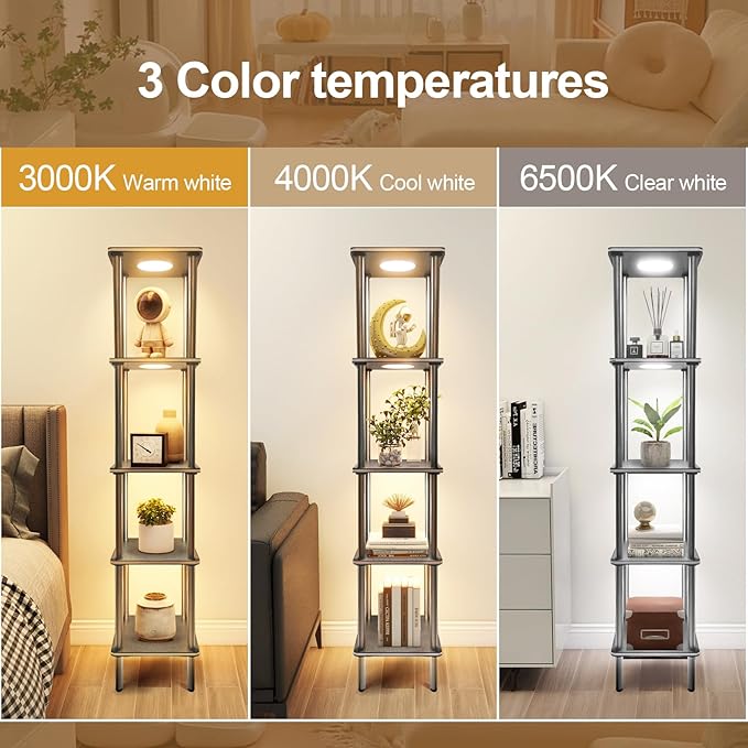 Kekeou RGBCW Floor Lamp with Shelves Tall Lamp Music Sync APP Control Standing Lamp with Wireless Charger & USB Port Color Changing Lamp with Shelves Work with Alexa Black 5 Tier - LeafyLoom