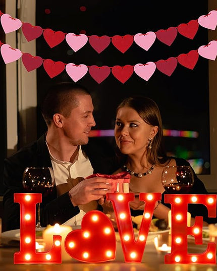 Tifeson Valentines Day Decor - 4 Led Marquee Light Up Letters “Love” Lights + 2 Packs Felt Heart Garland Banners for Home Valentines Table Mantel Wedding Party Decorations (Batteries Not Included) - LeafyLoom
