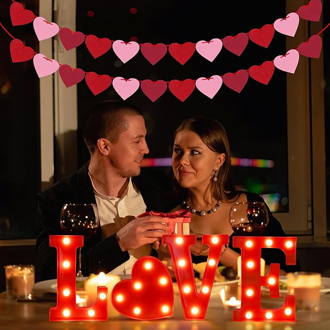 Tifeson Valentines Day Decor - 4 Led Marquee Light Up Letters “Love” Lights + 2 Packs Felt Heart Garland Banners for Home Valentines Table Mantel Wedding Party Decorations (Batteries Not Included) - LeafyLoom