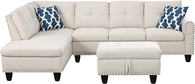 L Shape Modular Sectional Sofa with Cup Holders and Storage Ottoman,5-Seater Tufting Upholstered Corner Couch for Living Room,Apartment,Home Furniture Sets,Beige Left Chaise,Linen,98 Inch - LeafyLoom