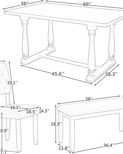 Dining Table Set for 6, 6-Piece Dining Table and Chair Set with Special-Shaped Legs and Foam-Covered Seat Backs & Cushions, Dining Room Table Set for Living Room, Grey+Beige - LeafyLoom