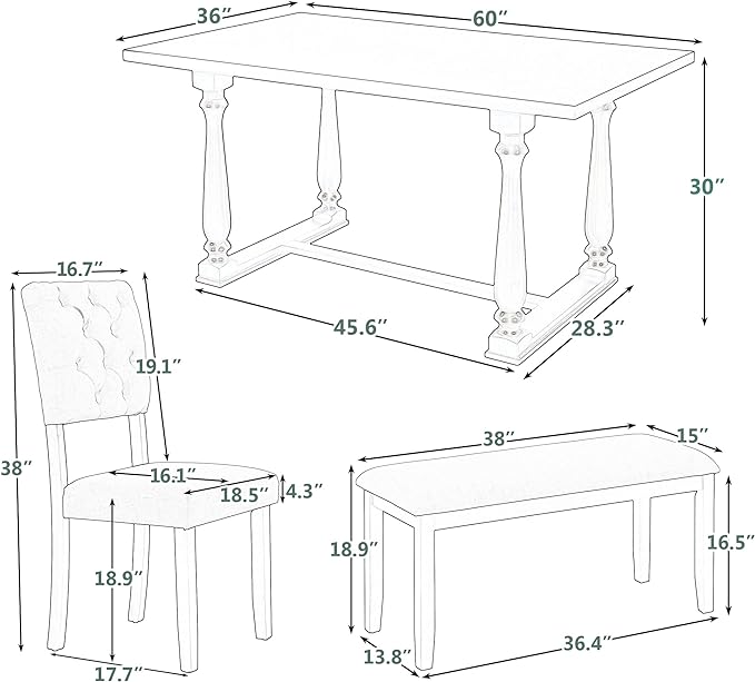 6-Piece Retro Style Dining Table Set with Special-Shaped Legs, 4 Chairs, 1 Bench, Foam-Covered Seat Backs, and Cushions, Gray, Onesize - LeafyLoom