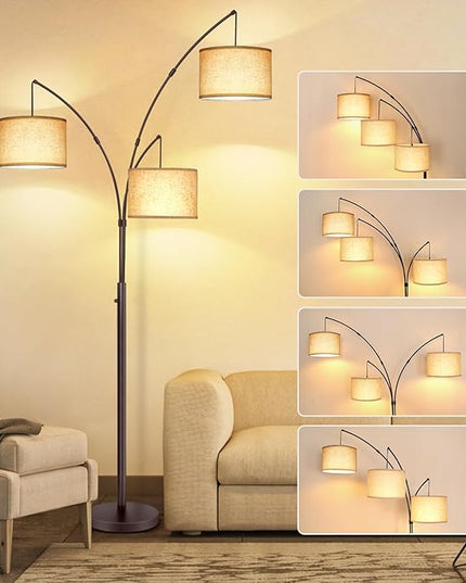 OUTON Tall Arc Floor Lamp - Adjustable, Modern, 3-Light Arched Lamp for Bedroom, Office, and Living Room, 2400lm Mid Century Design with 3 Energy-Efficient LED Bulbs Included, Beige Lampshade - LeafyLoom
