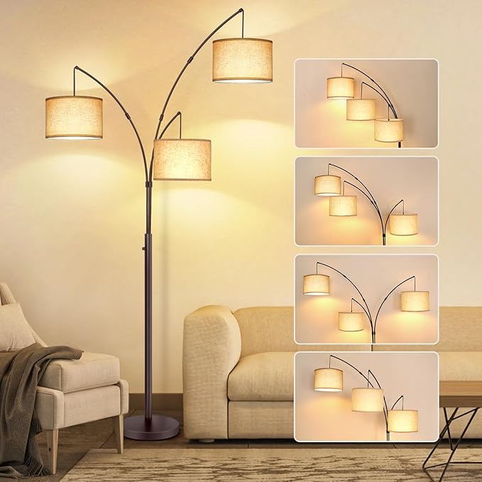 OUTON Tall Arc Floor Lamp - Adjustable, Modern, 3-Light Arched Lamp for Bedroom, Office, and Living Room, 2400lm Mid Century Design with 3 Energy-Efficient LED Bulbs Included, Beige Lampshade - LeafyLoom