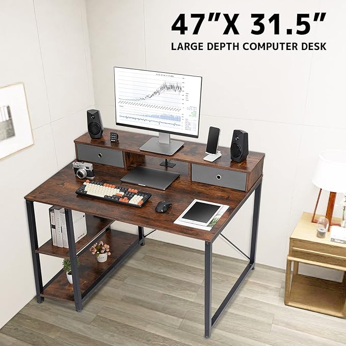TOPSKY 47”x 31.5” Computer Desk with Drawers, Monitor Stand, Storage Shelf, 3-Port Charging Station (BLACK) - LeafyLoom