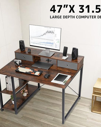 TOPSKY 47”x 31.5” Computer Desk with Drawers, Monitor Stand, Storage Shelf, 3-Port Charging Station (BAMBOO) - LeafyLoom