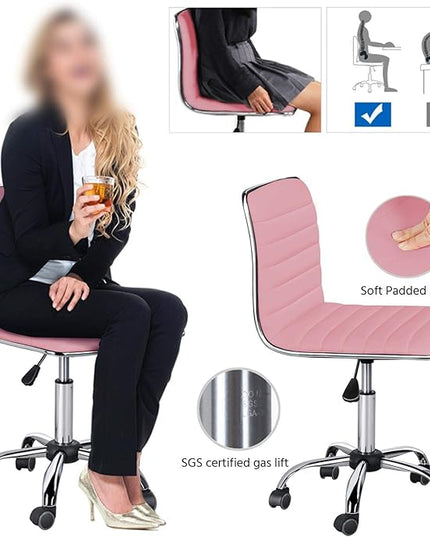 Yaheetech Pink Low Back PU Leather Ribbed Armless Office Chair, Ergonomic Swivel Task Chair with Wheels for Women - LeafyLoom