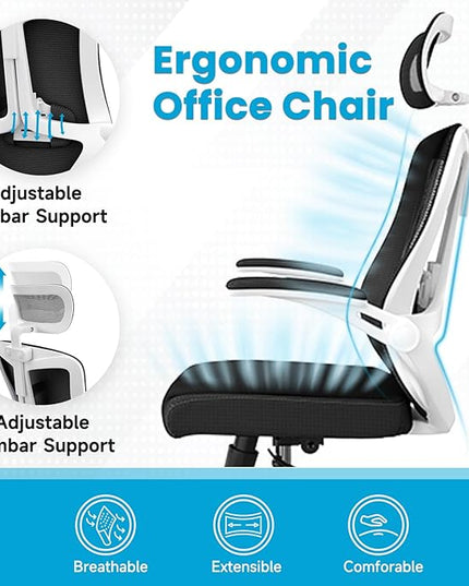 Ergonomic Office Chair - Comfy Desk Chairs with Wheels and Arms, 500LB Heavy Duty Mesh Computer Chairs with Comfortable Head Lumbar Back Support for Office, Study, Bedroom and College Dorm - LeafyLoom
