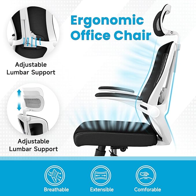 Ergonomic Office Chair - Comfy Desk Chairs with Wheels and Arms, 500LB Heavy Duty Mesh Computer Chairs with Comfortable Head Lumbar Back Support for Office, Study, Bedroom and College Dorm - LeafyLoom