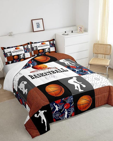 Basketball Twin Comforter Set For Boys Sports Bedding Set Basketball Athlete Bed Comforter Sets Patchwork Style Orange Black White Grey Soft Lightweight Quilt Duvet Insert 1 Pillow Case Room Decor - LeafyLoom