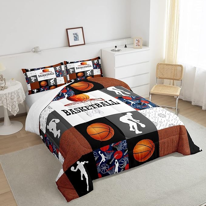 Basketball Twin Comforter Set For Boys Sports Bedding Set Basketball Athlete Bed Comforter Sets Patchwork Style Orange Black White Grey Soft Lightweight Quilt Duvet Insert 1 Pillow Case Room Decor - LeafyLoom