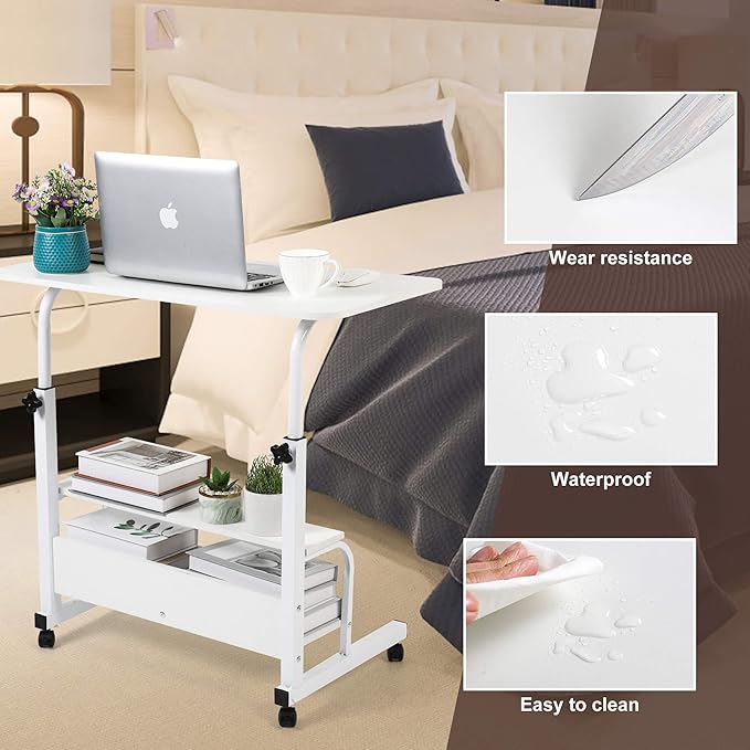 Adjustable Home Office Desk Portable Study Computer Rolling Desk for Small Spaces Movable Sofa Side Table on Wheels Student Small Laptop Desk with Storage White Size 31x16 Inch - LeafyLoom
