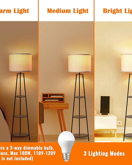 Floor Lamp, 3-Tier Round Corner Shelf Floor Lamp with 3 Dimmable Levels - Simple Standing Lamp with White Fabric Shade, Tall Modern Floor Lamps with Shelves for Bedroom, Living Room and Office - LeafyLoom