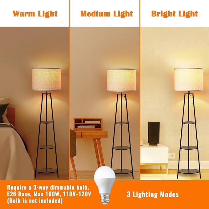 Floor Lamp, 3-Tier Round Corner Shelf Floor Lamp with 3 Dimmable Levels - Simple Standing Lamp with White Fabric Shade, Tall Modern Floor Lamps with Shelves for Bedroom, Living Room and Office - LeafyLoom