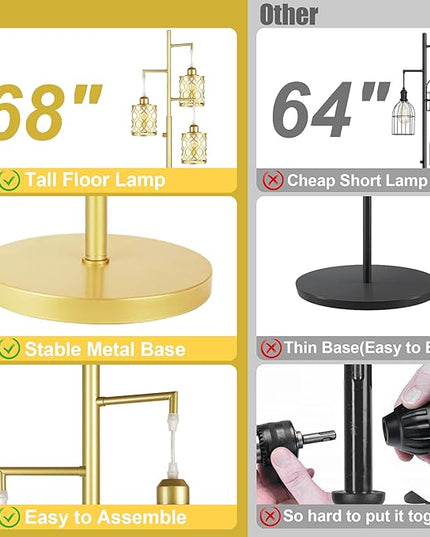 68" Gold Floor Lamp, Dimmable Industrial Floor Lamps for Living Room, 3 Light Rustic Standing Tall Lamp Including 3 PCS 6W E26 Bulbs, Farmhouse Tree Floor Lamp for Bedrooms, Office, Bar - LeafyLoom