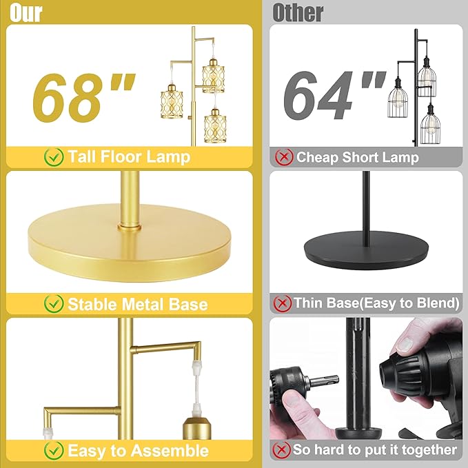68" Gold Floor Lamp, Dimmable Industrial Floor Lamps for Living Room, 3 Light Rustic Standing Tall Lamp Including 3 PCS 6W E26 Bulbs, Farmhouse Tree Floor Lamp for Bedrooms, Office, Bar - LeafyLoom