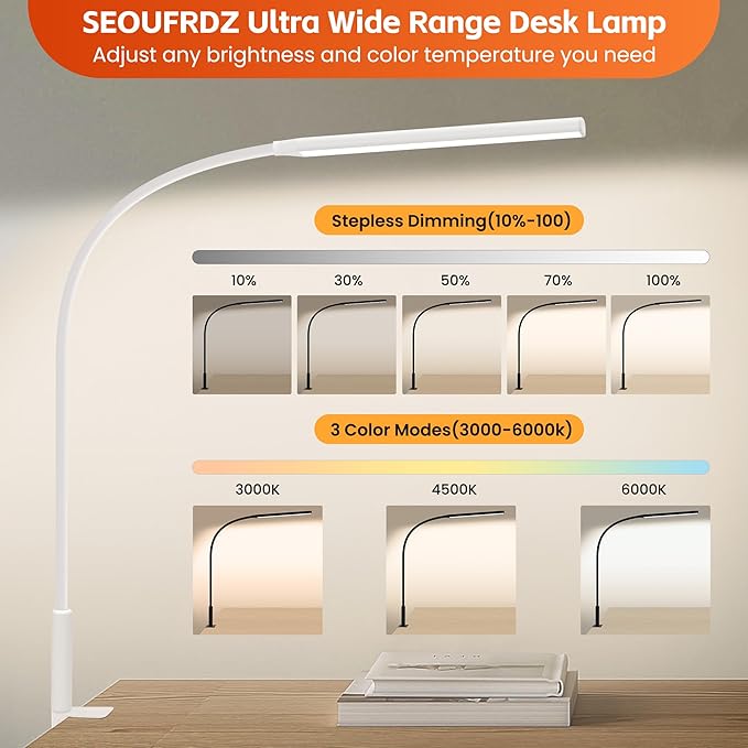 Desk Lamp with Clamp, Stepless Dimming Desk Lamps for Home Office Adjustable Desk Light Eye Caring Desk Lamp Office Lamp with USB Adapter for Working Drawing Sewing (White) - LeafyLoom