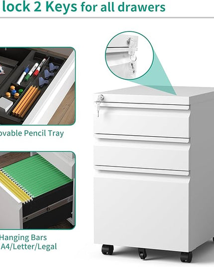 3 Drawers Mobile File Cabinet, Rolling File Cabinet Fully Assembled Under Desk, Metal Filing Cabinet with Lock for Home Office Organizer Letters/Legal/A4 (White) - LeafyLoom