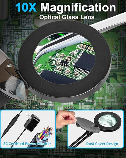 HITTI 10X Magnifying Glass with Light and Stand, Upgrade Base Button, 3 Color Modes Stepless Dimmable Magnifying Lamp, Adjustable Swing Arm LED Lighted Magnifier for Crafts Soldering Hobby - LeafyLoom