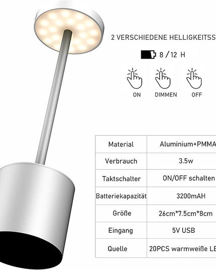 CYOIDAI LED Table Lamp, 2 Pack Rechargeable Battery with Cordless Desk Lamps 3 Lighting Modes Dimmable Light 5000 mAh, for Restaurant, Terrace, Outdoor (Silver) - LeafyLoom