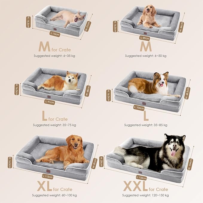 EHEYCIGA Orthopedic Dog Beds Large Sized Dog, Waterproof Memory Foam Pet Bed with Sides, Non-Slip Bottom Large Pet Bed with Washable Removable Cover, Grey EHEYCIGA