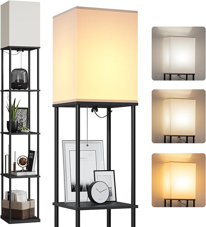 SUNMORY 5 Tier Floor Lamp with Shelves, Modern Square Standing Lamp with 3 Color Temperature Bulb, Corner Display Bookshelf Lamp for Living Room and Bedroom, Tall Shelf Floor Lamp - LeafyLoom
