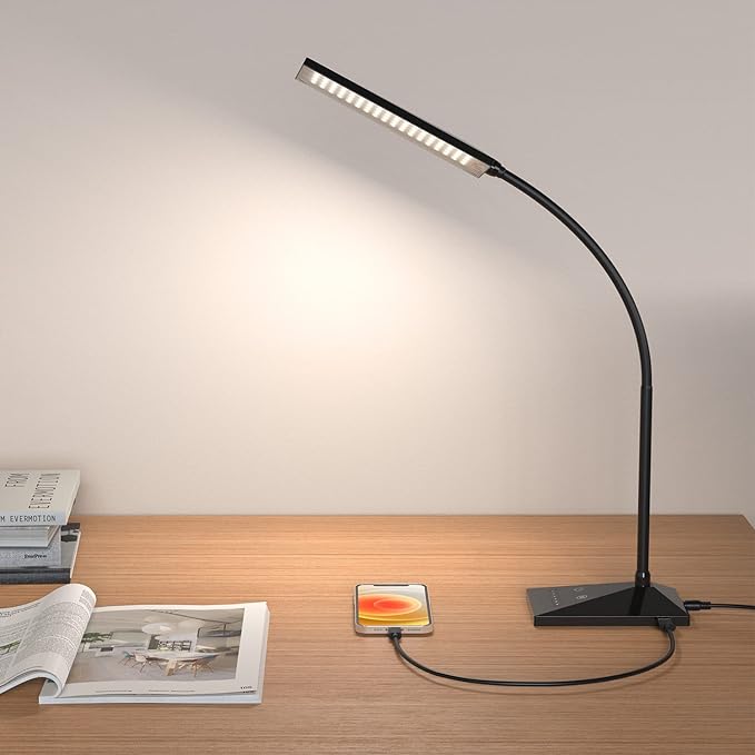 RAOYI LED Desk Lamp, 12W Dimmable Table Lamp Eye-Caring Reading Light with USB Charging Port, Touch Control, 5 Lighting Modes and 6-Level Brightness for Home Office Bedrooms (Black) - LeafyLoom