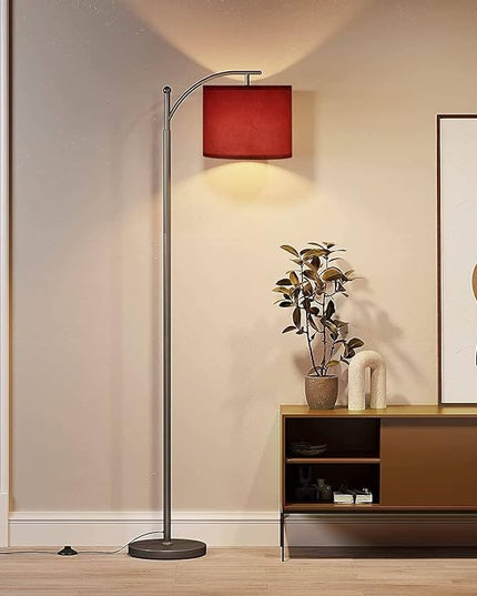 Modern Arc Floor Lamp with Dimmer Mid Century Abstract red Brushed Texture Cement Concrete Metal Standing Lamp with Linen Shade Footswitch for Living Room Bedroom Office - LeafyLoom