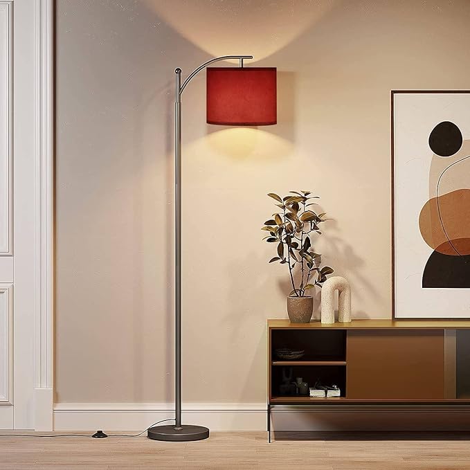 Modern Arc Floor Lamp with Dimmer Mid Century Abstract red Brushed Texture Cement Concrete Metal Standing Lamp with Linen Shade Footswitch for Living Room Bedroom Office - LeafyLoom