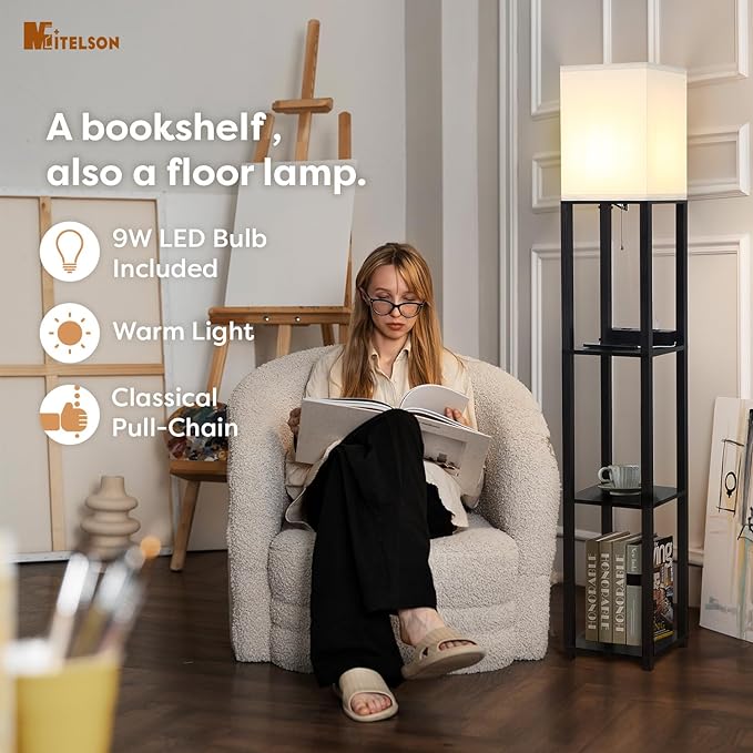 Lamptron 63" Standing Lamp,Lamp for Bedroom with Shelves and USB, USB-C & Power Outlets, Tall Lamp with Charging Station, lamps for living room,Sturdy Floor Lamp for Office (Black) - LeafyLoom