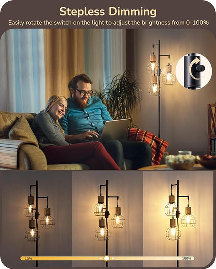 EDISHINE Dimmable Farmhouse Floor Lamp for Living Room, Industrial Black Standing Lamp with 3 LED Edison Bulbs, Corner Rustic Rattan Tall Tree Reading Lamps Home Decor for Bedroom, Office - LeafyLoom