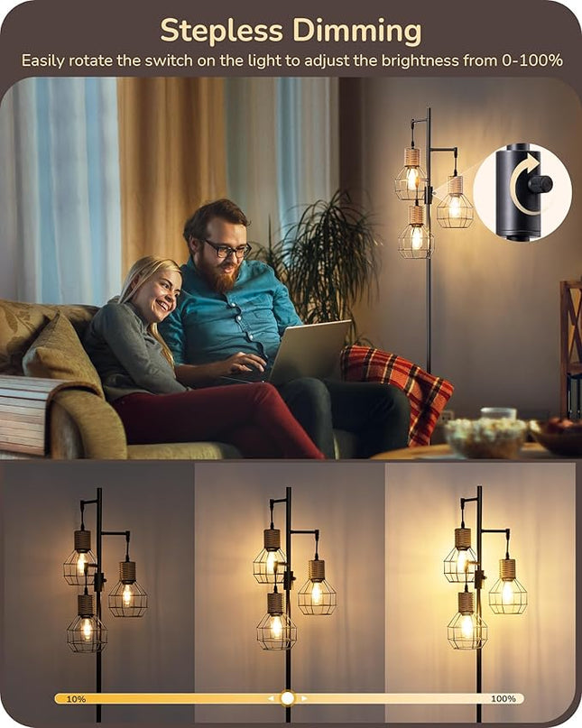 EDISHINE Dimmable Farmhouse Floor Lamp for Living Room, Industrial Black Standing Lamp with 3 LED Edison Bulbs, Corner Rustic Rattan Tall Tree Reading Lamps Home Decor for Bedroom, Office - LeafyLoom