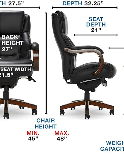 La-Z-Boy Delano Big & Tall Executive Office Chair, High Back Ergonomic Lumbar Support, Bonded Leather, Black with Mahogany Wood Finish - LeafyLoom