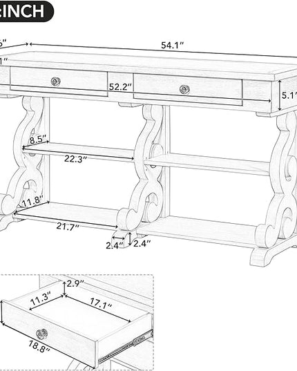 Retro Console Table with Ample Storage,Wood Sideboard Frame,W/Open Adjustable Shelves and 2 Drawers,Buffet Cabinet for Entrance Dinning Living Room,Antique White, 54.1" - LeafyLoom