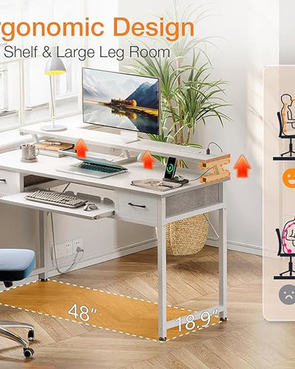 ODK White Computer Desk with Drawers, 48 Inch Office Desk with Power Outlet, PC Desk with Keyboard Tray, Study Table Work Desk with Monitor Shelf, Writing Desk for Home Office, White - LeafyLoom