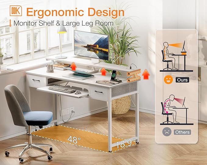 ODK White Computer Desk with Drawers, 48 Inch Office Desk with Power Outlet, PC Desk with Keyboard Tray, Study Table Work Desk with Monitor Shelf, Writing Desk for Home Office, White - LeafyLoom