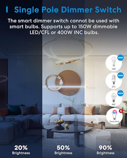 meross Smart Dimmer Switch Single Pole Supports Apple HomeKit, Alexa Google Assistant & SmartThings, 2.4GHz WiFi Light Switch for Dimmable LED, Neutral Wire Required, Remote Control Schedule, 1 Pack meross