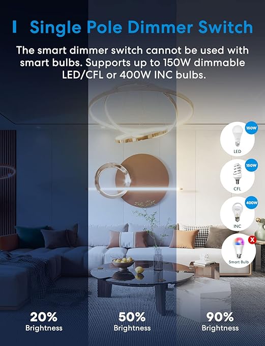 meross Smart Dimmer Switch Single Pole Supports Apple HomeKit, Alexa Google Assistant & SmartThings, 2.4GHz WiFi Light Switch for Dimmable LED, Neutral Wire Required, Remote Control Schedule, 1 Pack meross