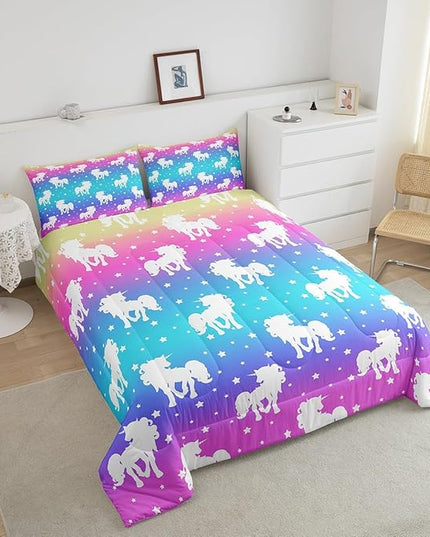 2 Piece Unicorn and Stars Bedding Set Twin Size,Tie Dye Pastel Comforter Sets Rainbow Printed Duvet Sets for Kids Girls Teens,Girly Sweet Colorful Down Comforter Bedroom Decor with 1 Pillow Case - LeafyLoom