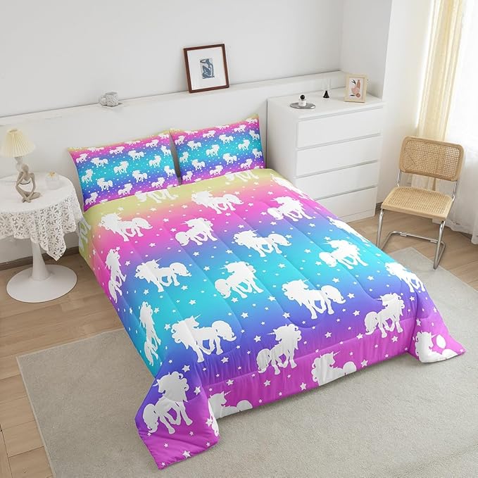 2 Piece Unicorn and Stars Bedding Set Twin Size,Tie Dye Pastel Comforter Sets Rainbow Printed Duvet Sets for Kids Girls Teens,Girly Sweet Colorful Down Comforter Bedroom Decor with 1 Pillow Case - LeafyLoom