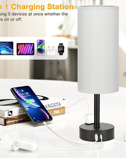 Grey Touch Table Lamps Set of 2-3 Way Dimmable Bedroom Lamps for Bedside with USB C and A Ports, Small Nightstand Lamps with AC Outlet, Desk Lamps with Black Base for Office Boys - LeafyLoom