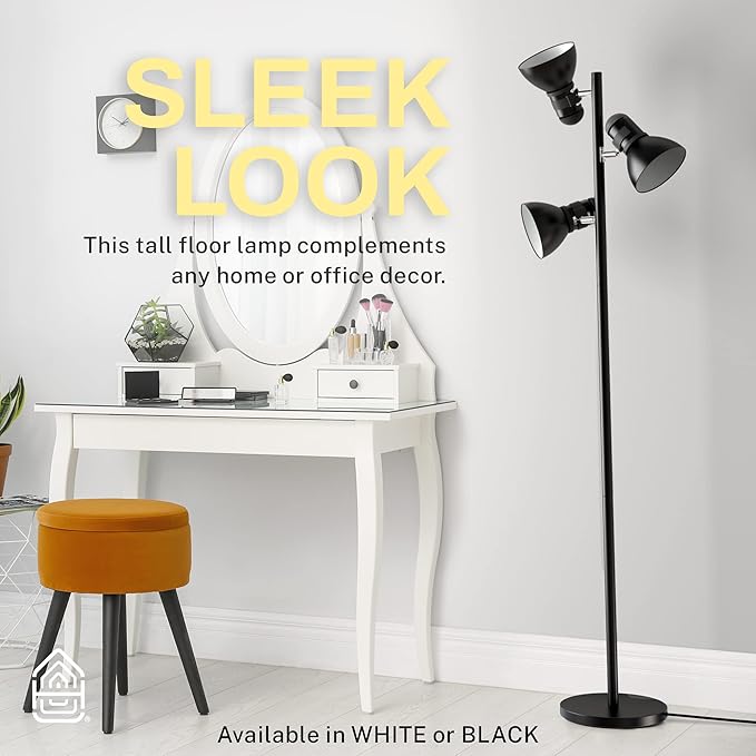 3 Light Floor Lamp Standing Lamp for Living Room, Bedroom, Office - Adjustable Modern Tree Floor Lamps, 60W Bright Spotlight Lighting - Rotating Swivel Corner Light for Reading, Black - LeafyLoom
