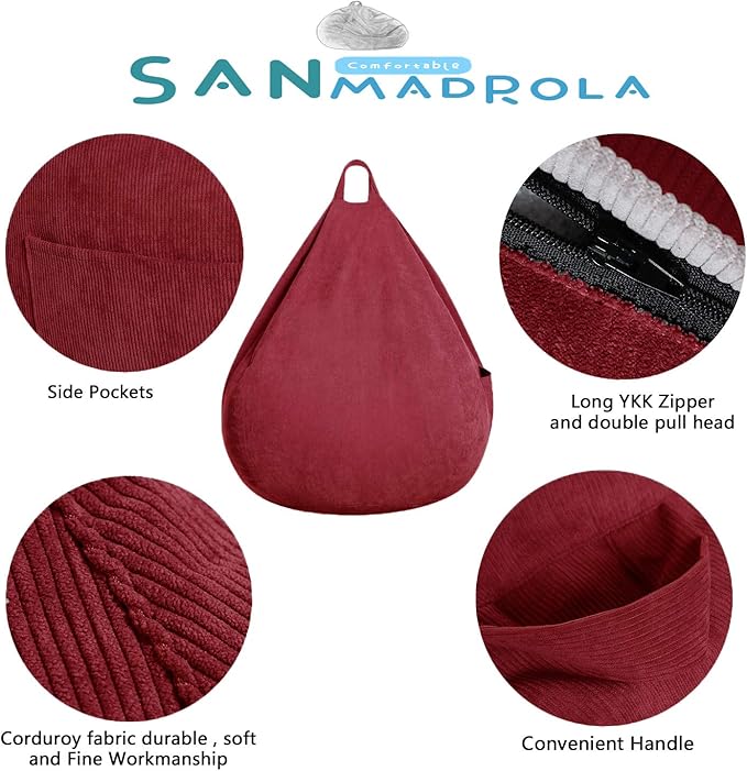 Stuffed Animal Storage Bean Bag Chair Cover (No Filler) for Kids and Adults.Soft Premium Corduroy Stuffable Beanbag for Organizing Children Plush Toys or Memory Foam Large 300L (WineRed) - LeafyLoom