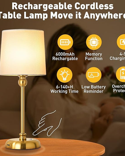 Cordless LED Table Lamp, 6000mAh Rechargeable Bedside Night Lamp for Bedroom, Portable Touch Stepless Dimmable Battery Operated Lamp, Ambient Light for Patio Restaurant(‎Antique Brass H) - LeafyLoom