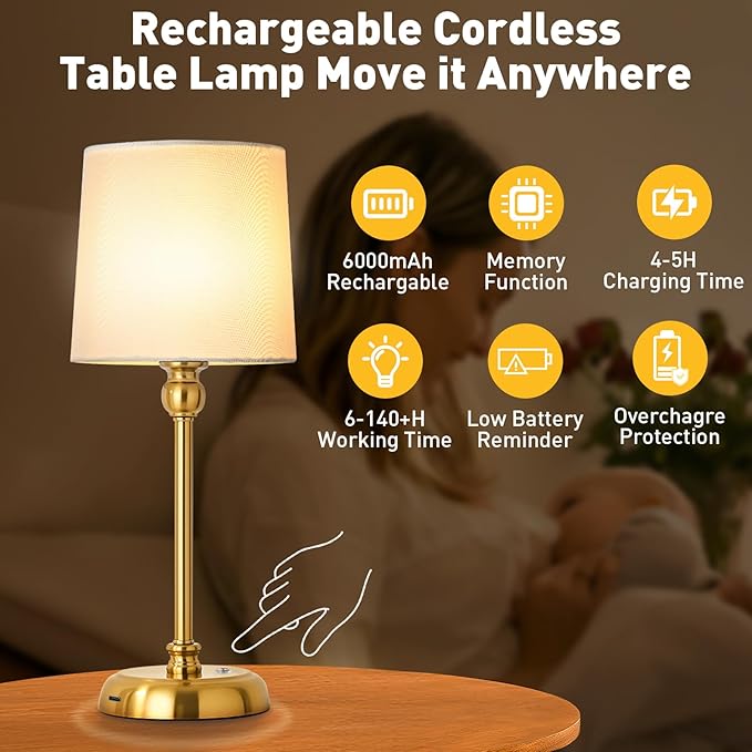 Cordless LED Table Lamp, 6000mAh Rechargeable Bedside Night Lamp for Bedroom, Portable Touch Stepless Dimmable Battery Operated Lamp, Ambient Light for Patio Restaurant(‎Antique Brass H) - LeafyLoom