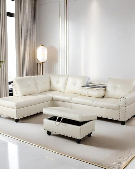 Leather L Shaped Sectional Ottoman Modern Nail-Head Design Comfy Lounge Modular Sofa with Cup Holder & Chaise for Living Room, Bedroom, Office, L Couch White - LeafyLoom