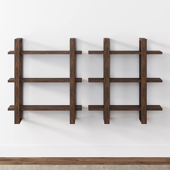 Nathan James Floating Wall Book Shelves, 3-Tier Display Shelf, Decorative Modular Shelf in Solid Wood for Bedroom, Nursery, Bathroom or Kitchen, Set of 2 - LeafyLoom